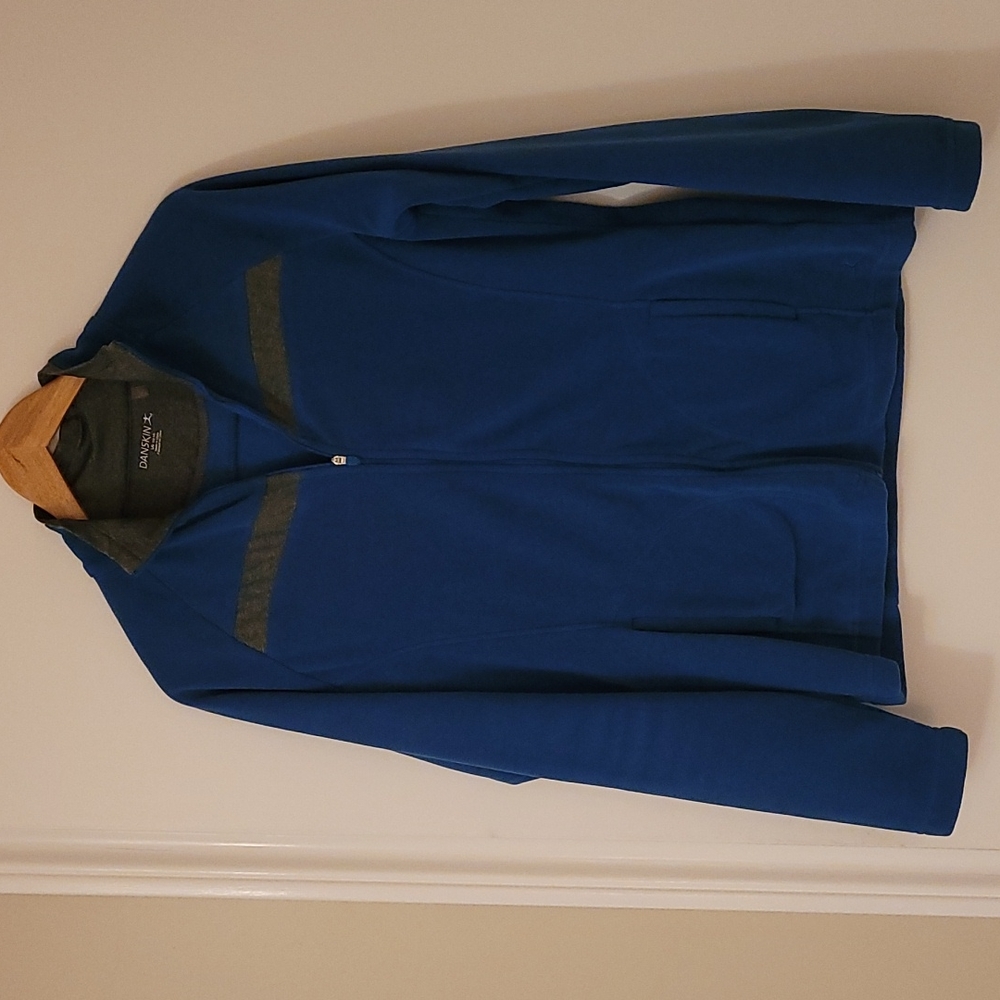 Danskin Long Sleeve Full Zip Fleece, Teal Blue with Flannel Grey Collar, Size L